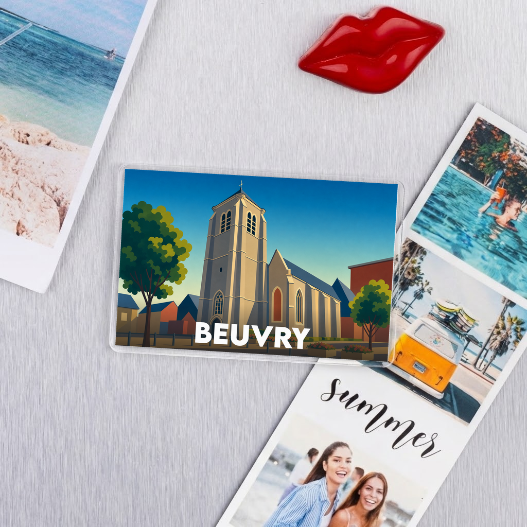 Magnet souvenir de la ville de Beuvry avec une illustration stylisée de son église.