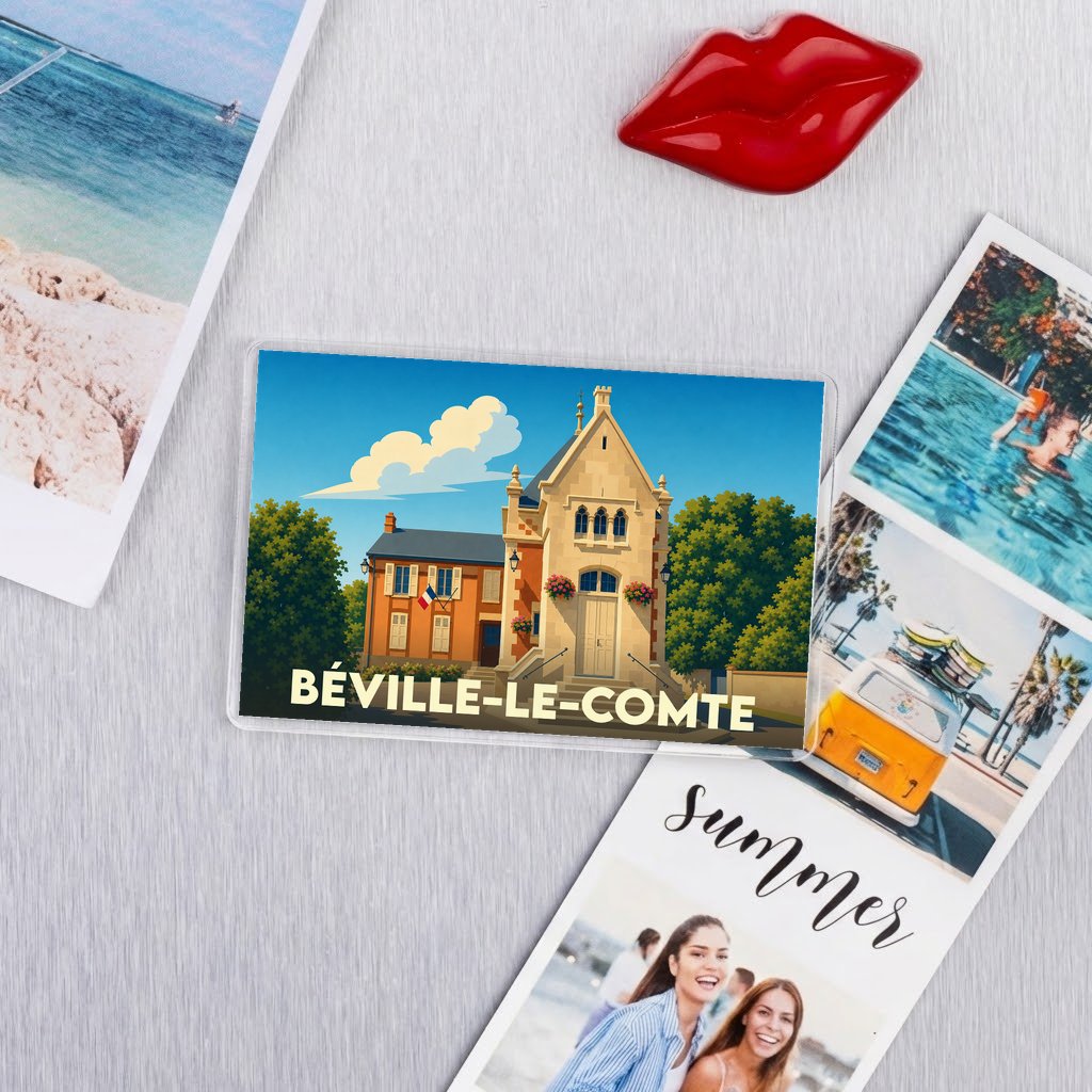 Magnet souvenir de la ville de Béville-le-Comte avec une illustration stylisée de sa mairie.