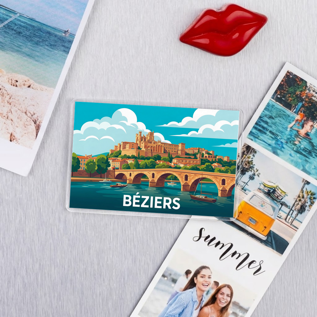 Magnet souvenir de la ville de Béziers avec une illustration stylisée.