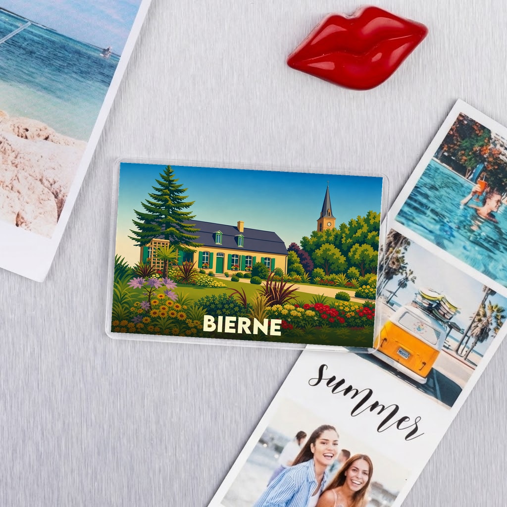 Magnet souvenir de la ville de Bierne avec une illustration colorée d'une maison de campagne et de son jardin.