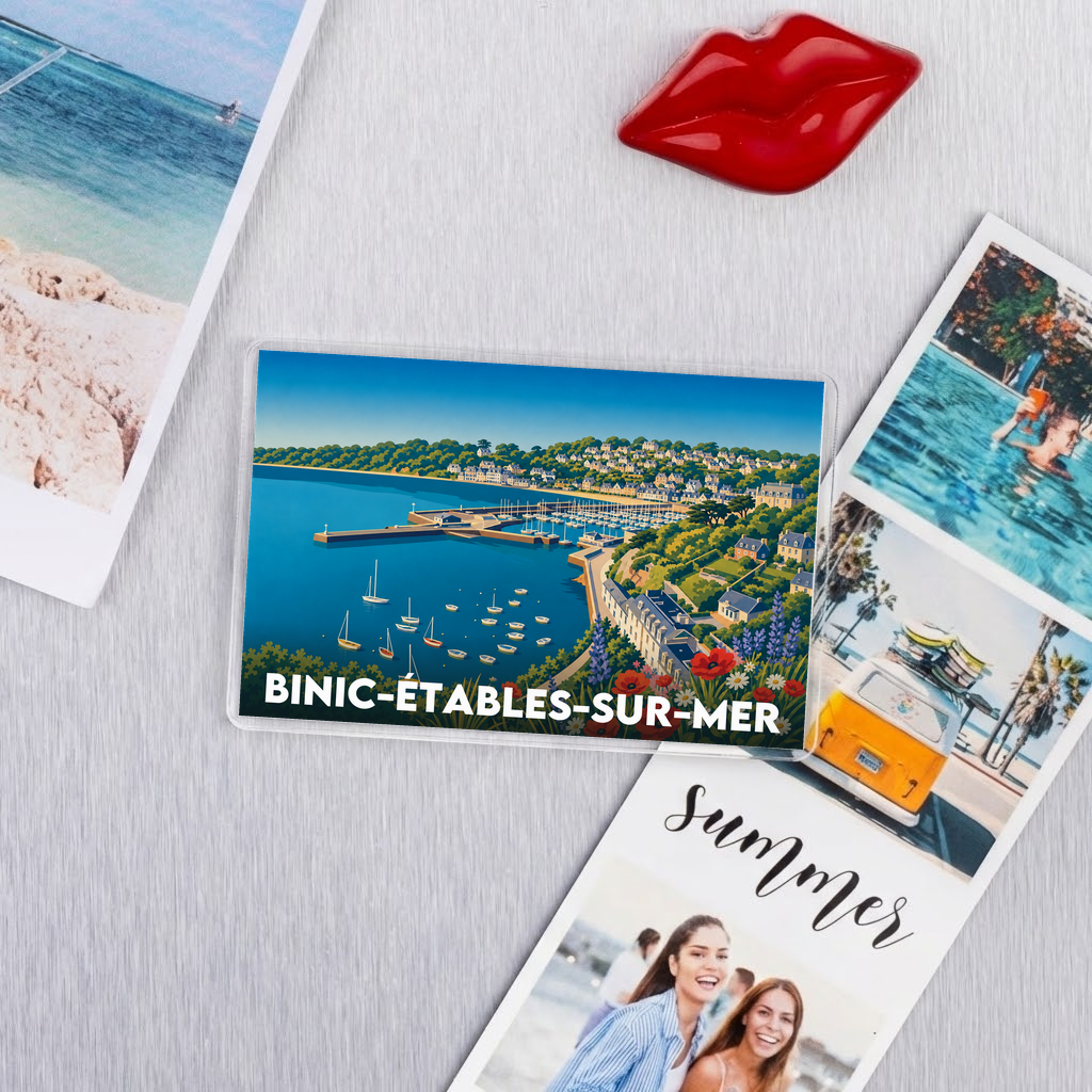 Magnet souvenir de la ville de Binic-Étables-sur-Mer avec une illustration stylisée de son port.