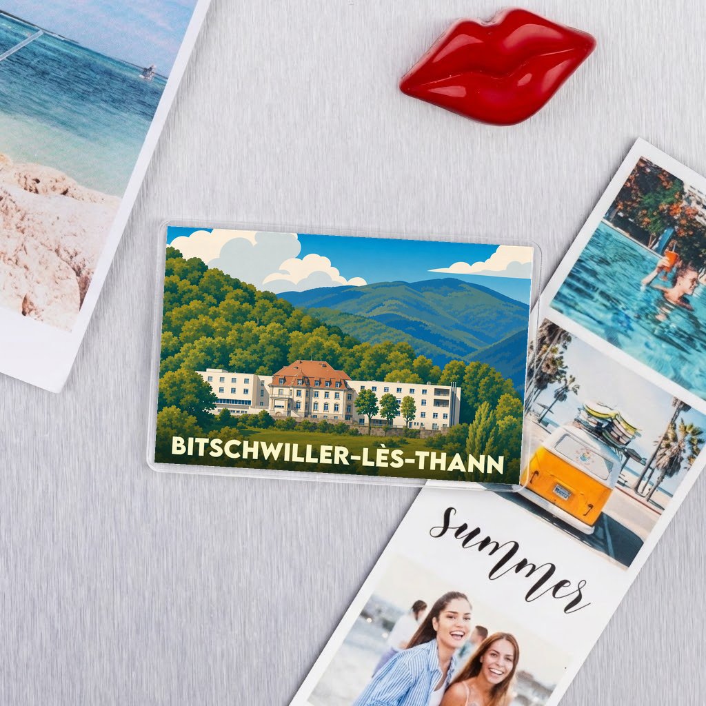 Magnet souvenir de la ville de Bitschwiller-lès-Thann avec une illustration stylisée d'un bâtiment historique au pied des montagnes.