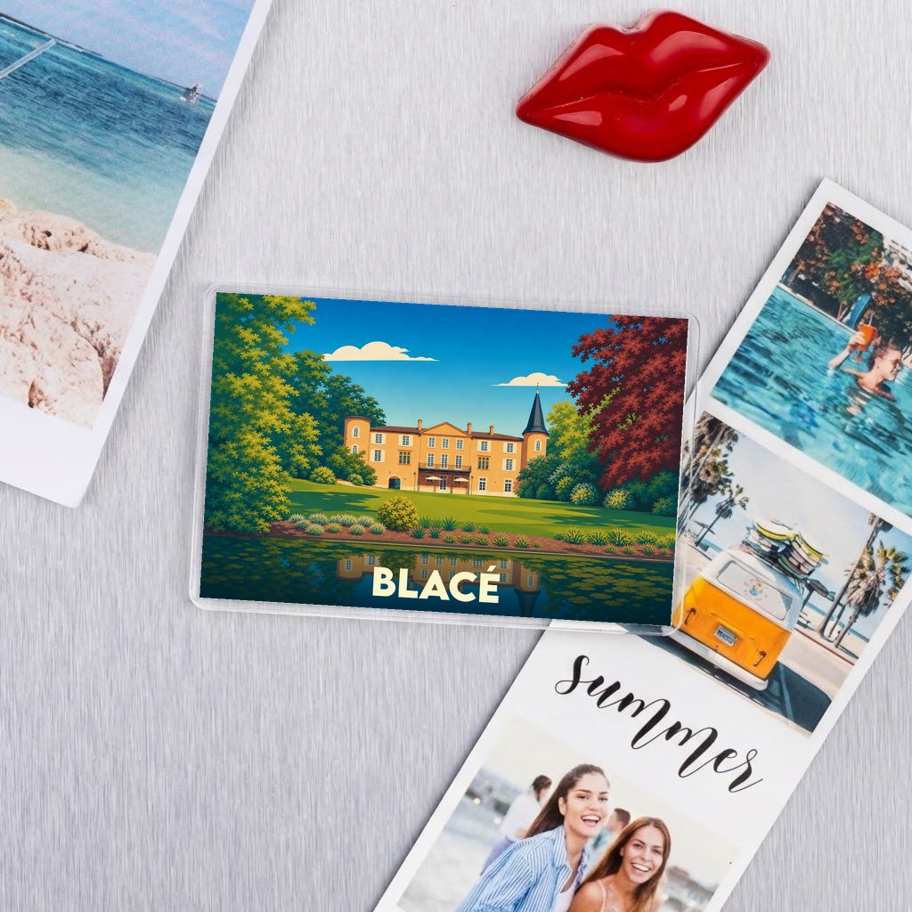 Magnet souvenir de la ville de Blacé avec une illustration stylisée d'un château en bord de l'eau.
