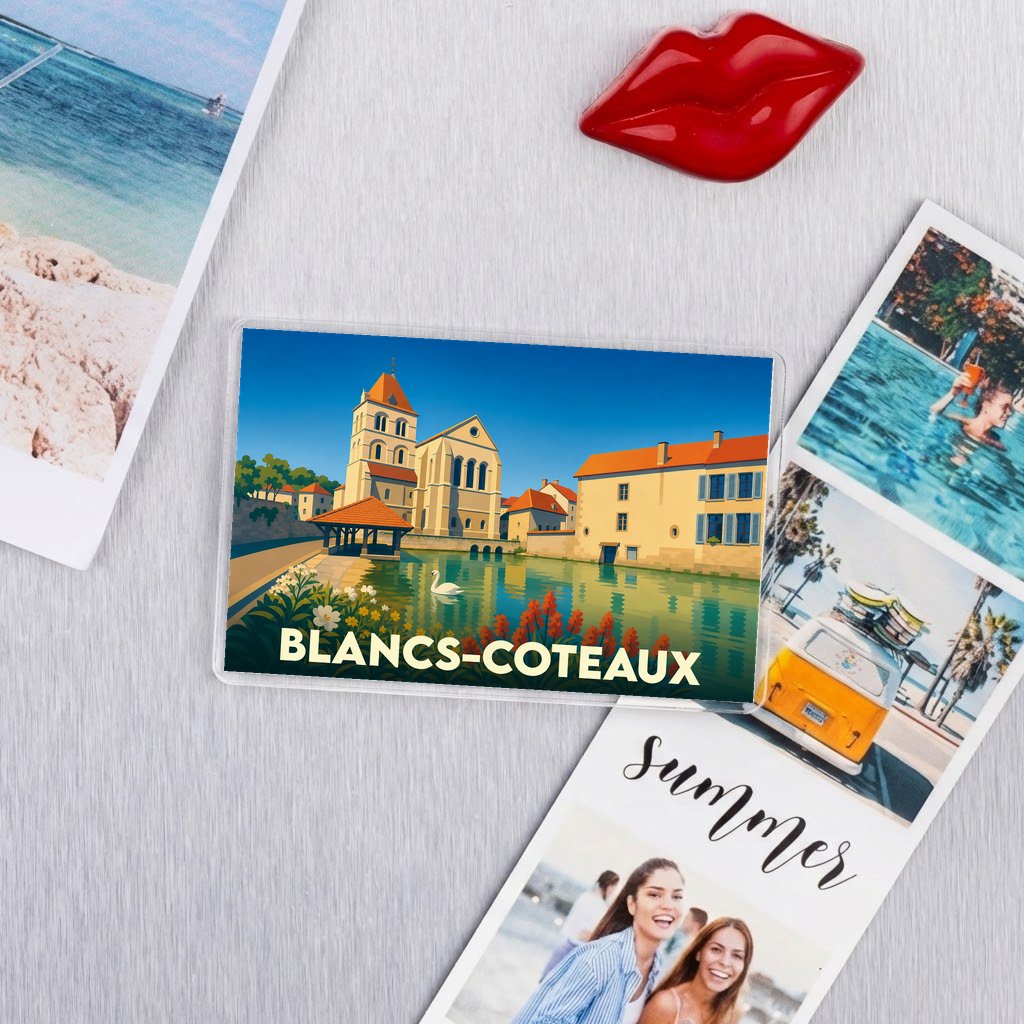 Magnet souvenir de la commune de Blancs-Coteaux avec une illustration stylisée d'un village au bord de l'eau.