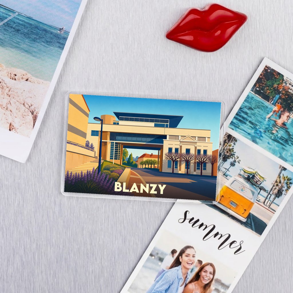Magnet souvenir de la ville de Blanzy avec une illustration stylisée.