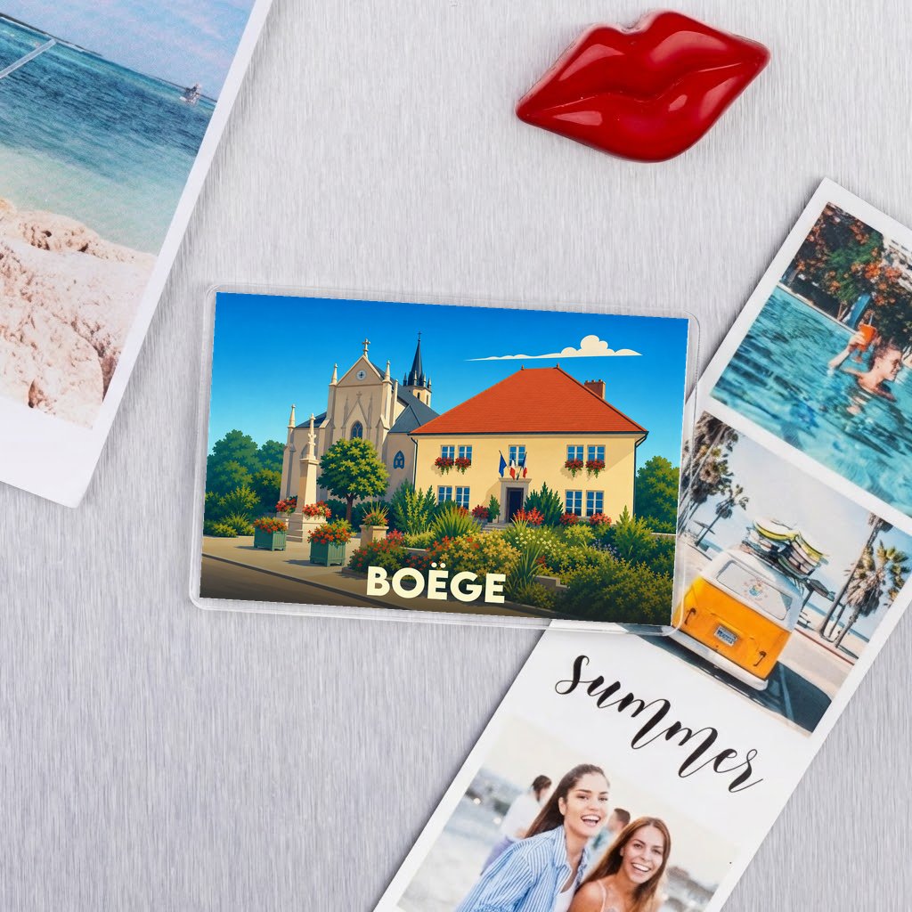 Magnet souvenir de la ville de Boëge avec une illustration stylisée.