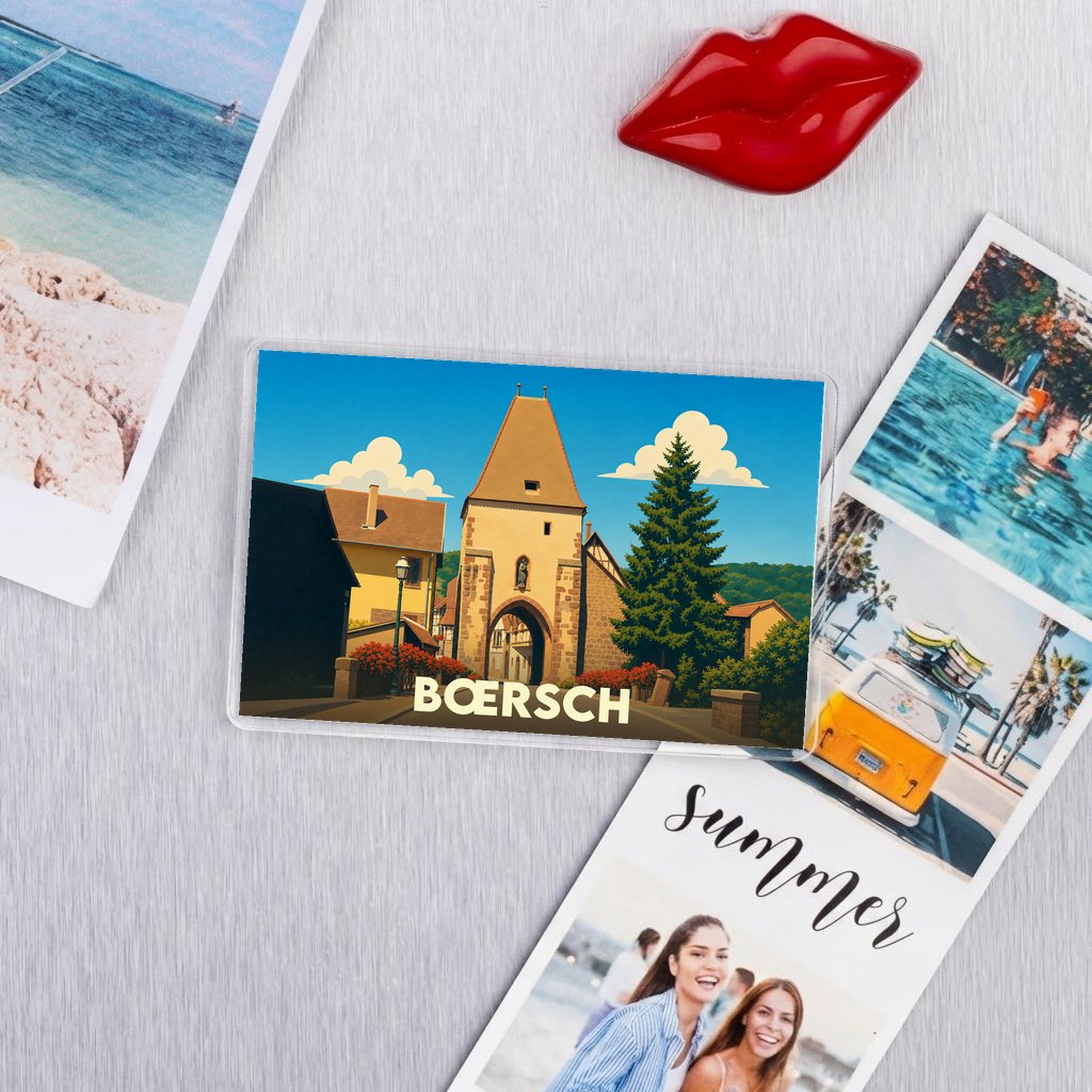 Magnet souvenir de la ville de Bœrsch avec une illustration stylisée.