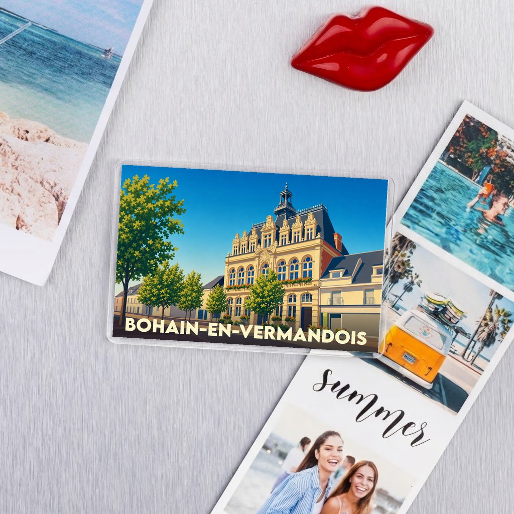 Magnet souvenir de la ville de Bohain-en-Vermandois avec une illustration stylisée de son hôtel de ville.
