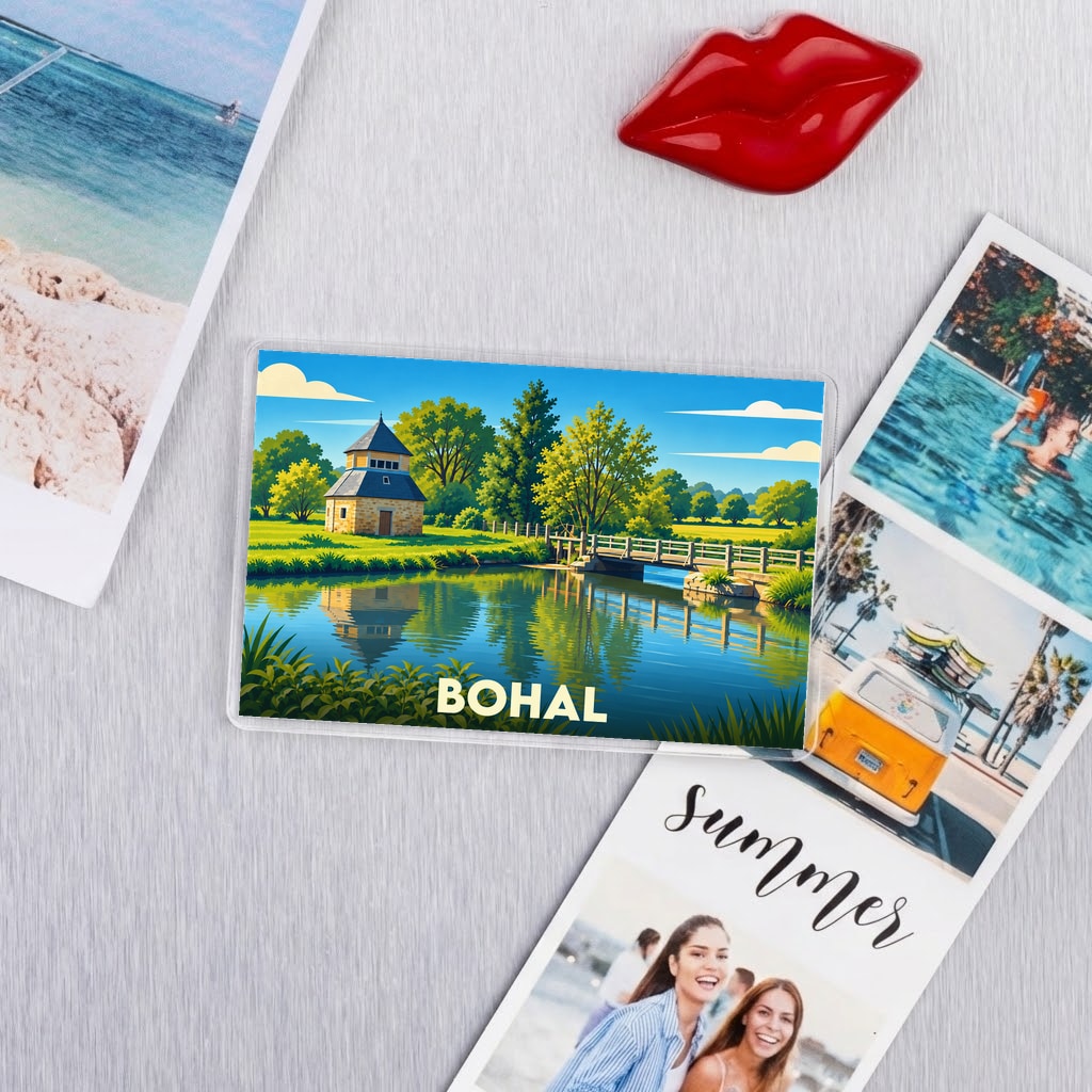 Magnet souvenir de la ville de Bohal avec une illustration colorée de paysage.