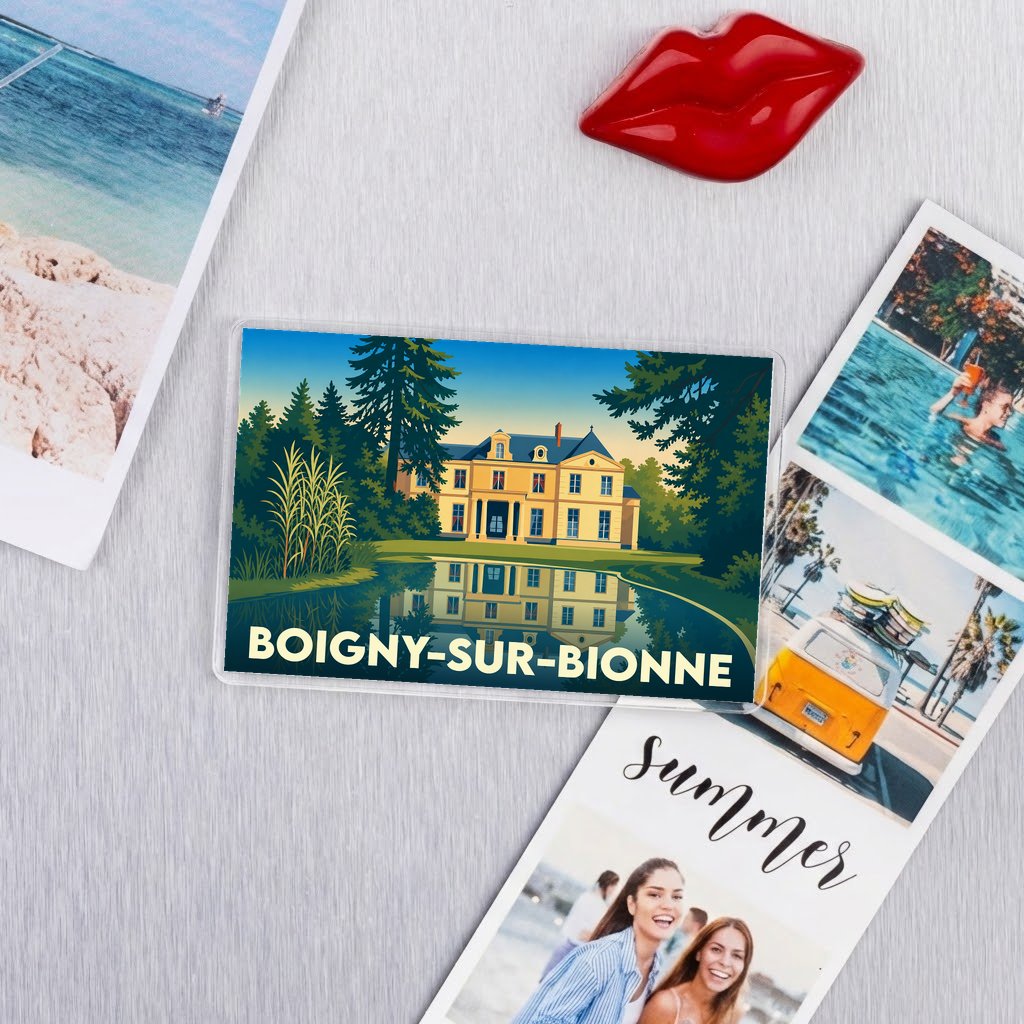 Magnet souvenir de la ville de Boigny-sur-Bionne avec une illustration stylisée de son château.