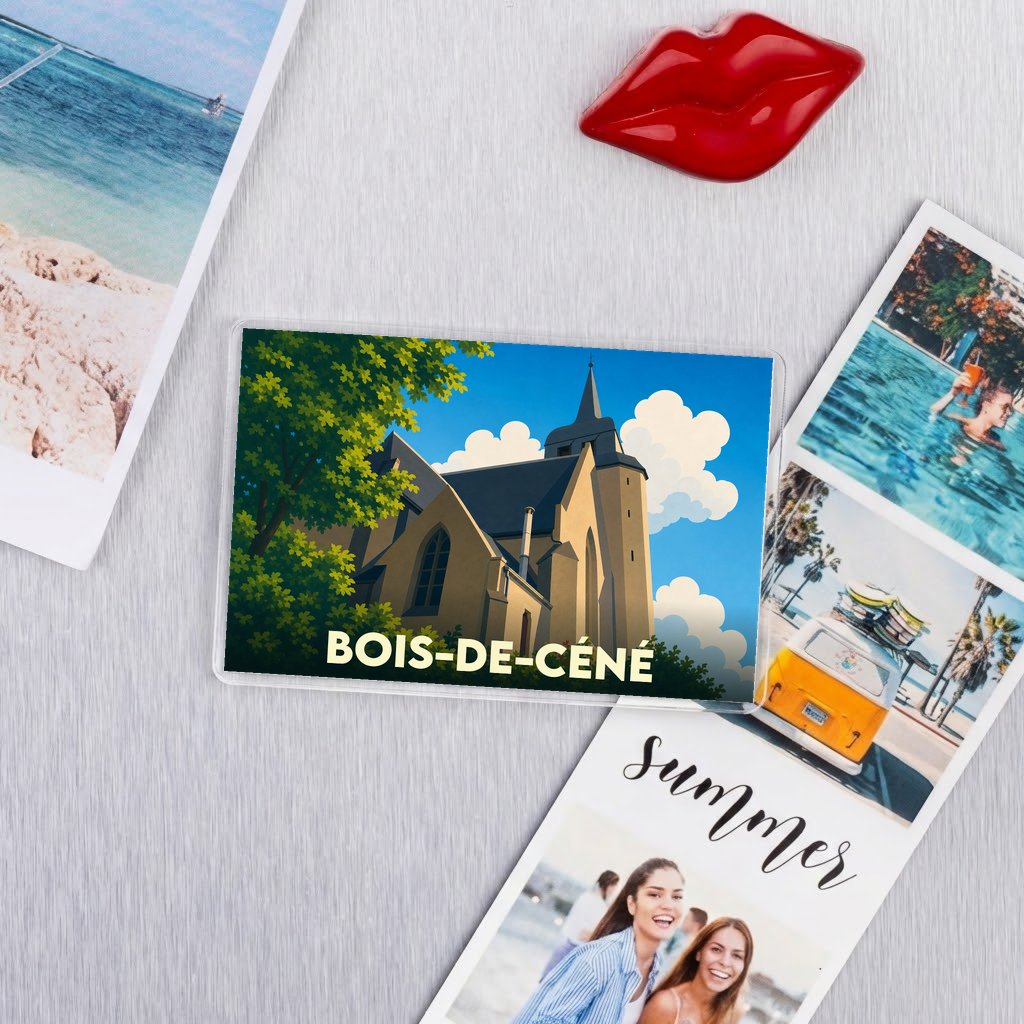 Magnet souvenir de la ville de Bois-de-Céné avec une illustration stylisée de son église.