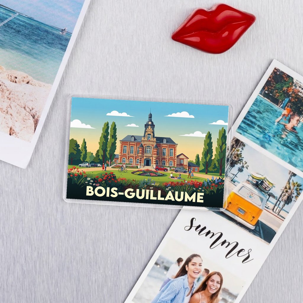Magnet souvenir de la ville de Bois-Guillaume avec une illustration stylisée.