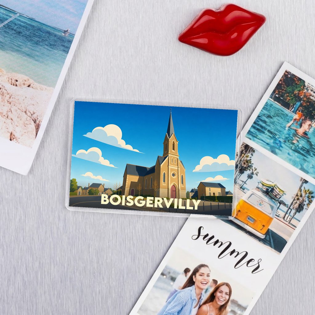 Magnet souvenir de la ville de Boisgervilly avec une illustration stylisée de son église.