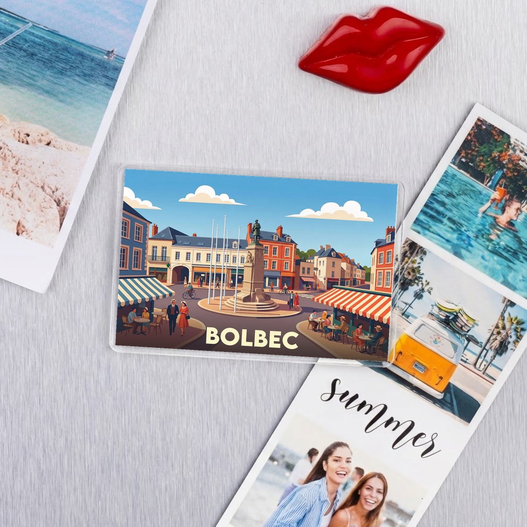 Magnet souvenir de la ville de Bolbec avec une illustration stylisée d'une place centrale animée.