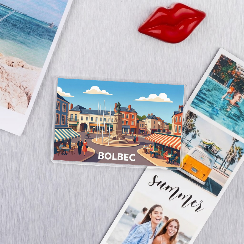 Magnet souvenir de la ville de Bolbec avec une illustration stylisée d'une place centrale animée.