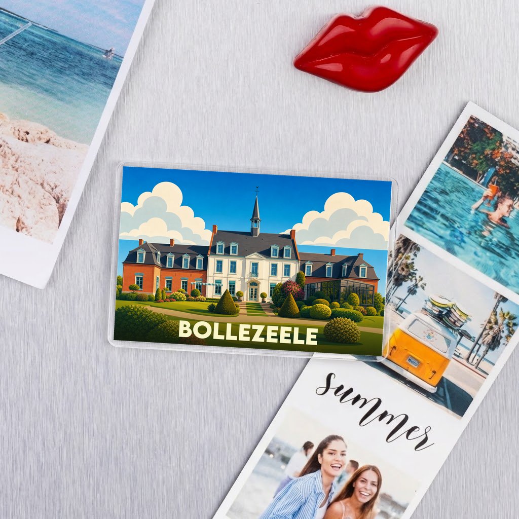 Magnet souvenir de la ville de Bollezeele avec une illustration stylisée d'un manoir.