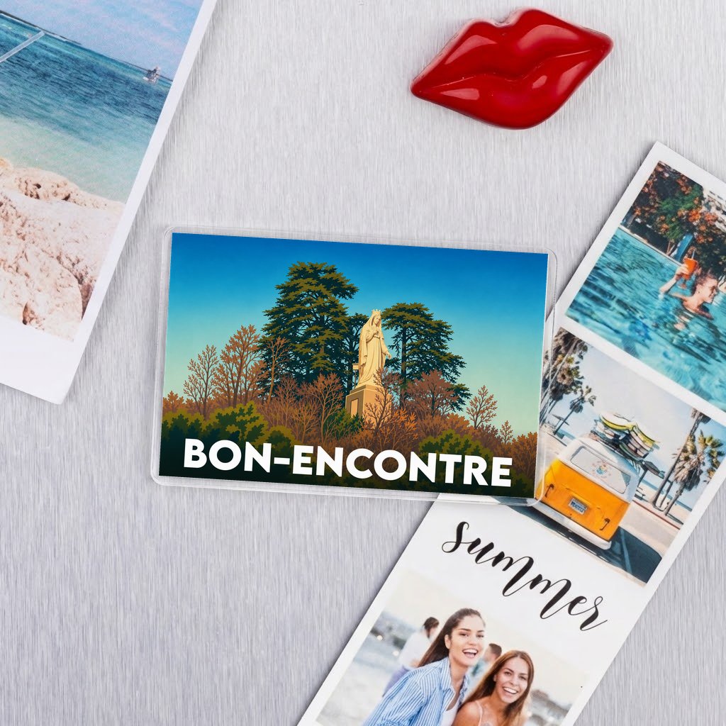 Magnet souvenir de la ville de Bon-Encontre avec une illustration stylisée de sa statue emblématique.