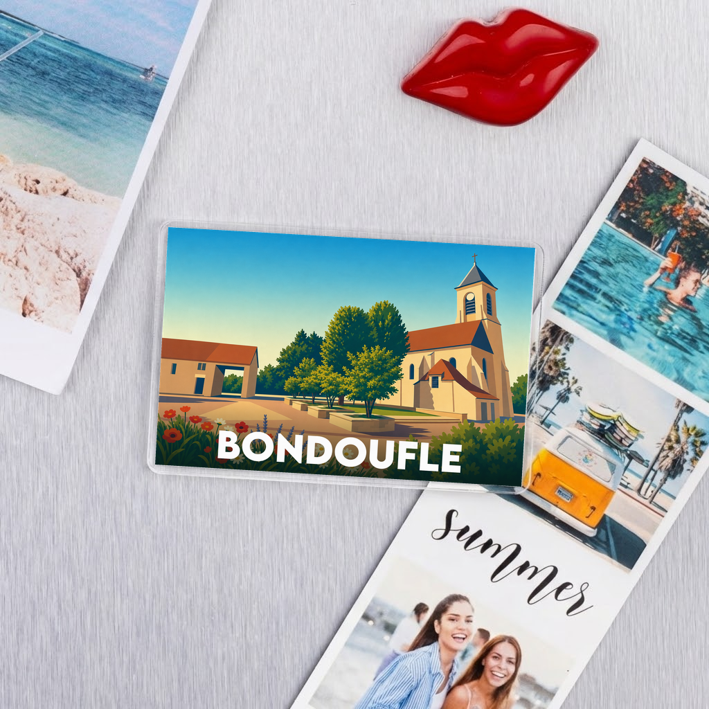 Magnet souvenir de la ville de Bondoufle avec une illustration stylisée de son église.