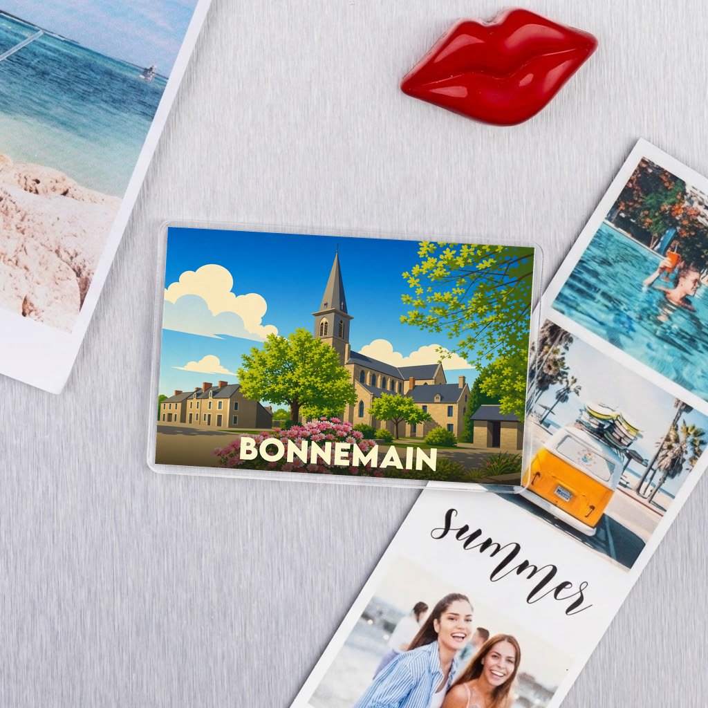 Magnet souvenir de la ville de Bonnemain avec une illustration stylisée de son église.