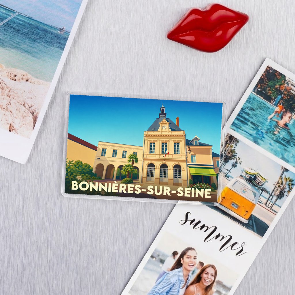 Magnet souvenir de la ville de Bonnières-sur-Seine avec une illustration colorée et stylisée de l'hôtel de ville.