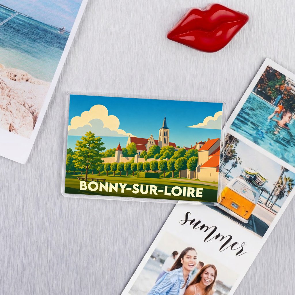 Magnet souvenir de la ville de Bonny-sur-Loire avec une illustration stylisée et colorée.