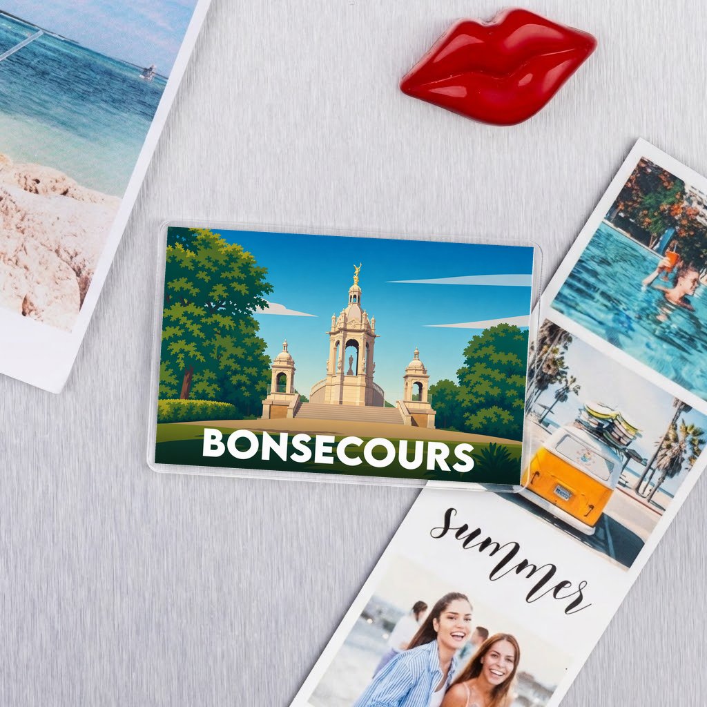 Magnet souvenir de la ville de Bonsecours avec une illustration stylisée de son monument.