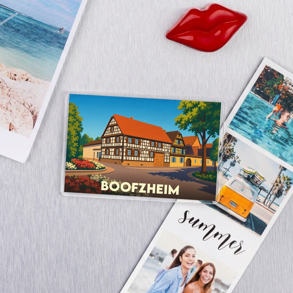 Magnet souvenir de la ville de Boofzheim avec une illustration stylisée de maisons à colombages.
