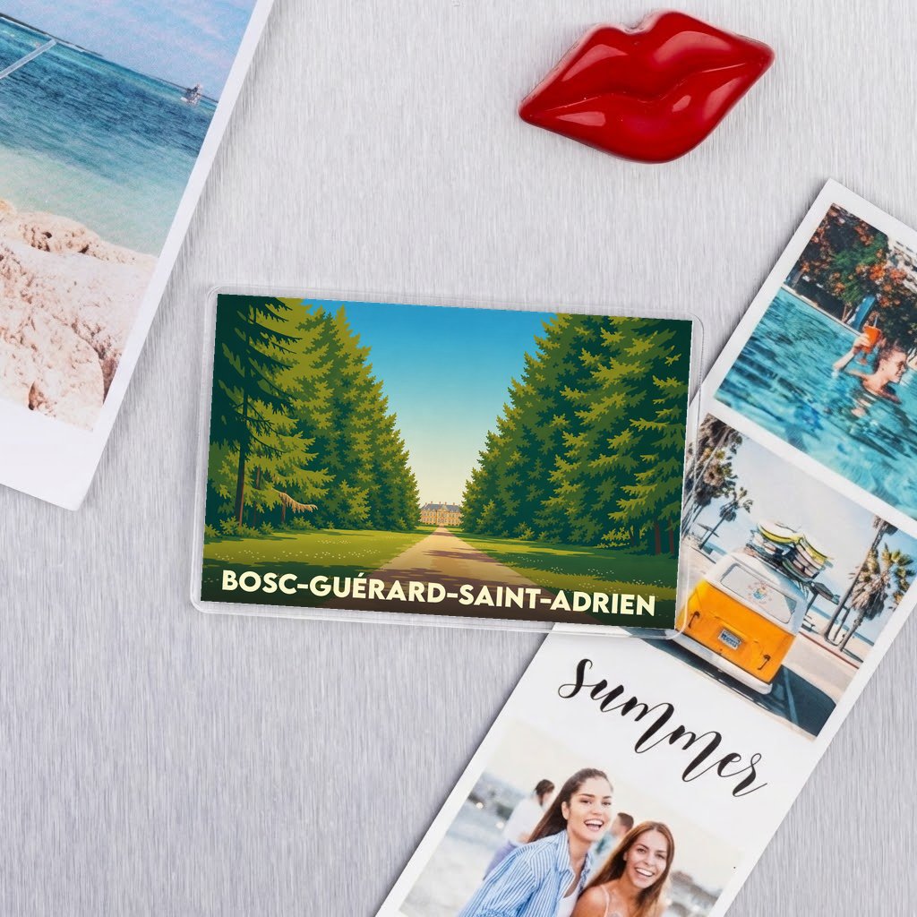 Magnet souvenir de la ville de Bosc-Guérard-Saint-Adrien avec une illustration stylisée d'une allée d'arbres.