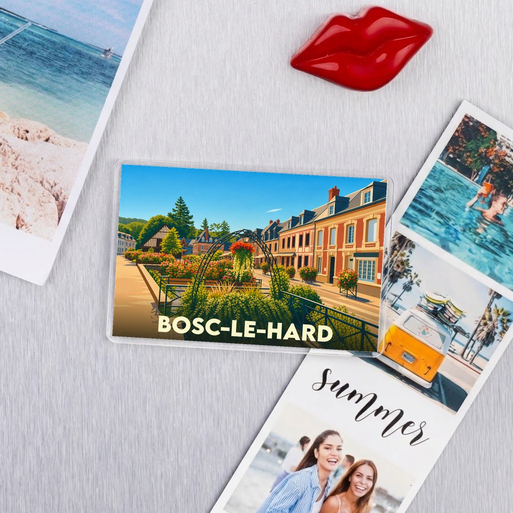 Magnet souvenir de la ville de Bosc-le-Hard avec une illustration colorée et stylisée de ses rues fleuries.