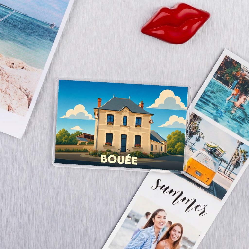Magnet souvenir de la ville de Bouée avec une illustration stylisée d'un bâtiment traditionnel.