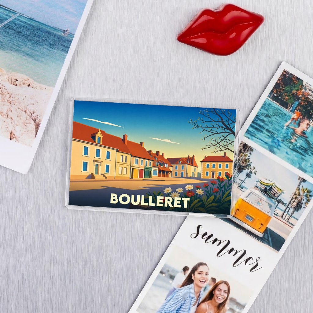 Magnet souvenir de la ville de Boulleret avec une illustration stylisée.