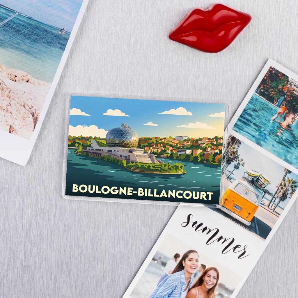 Magnet souvenir de la ville de Boulogne-Billancourt avec une illustration stylisée.