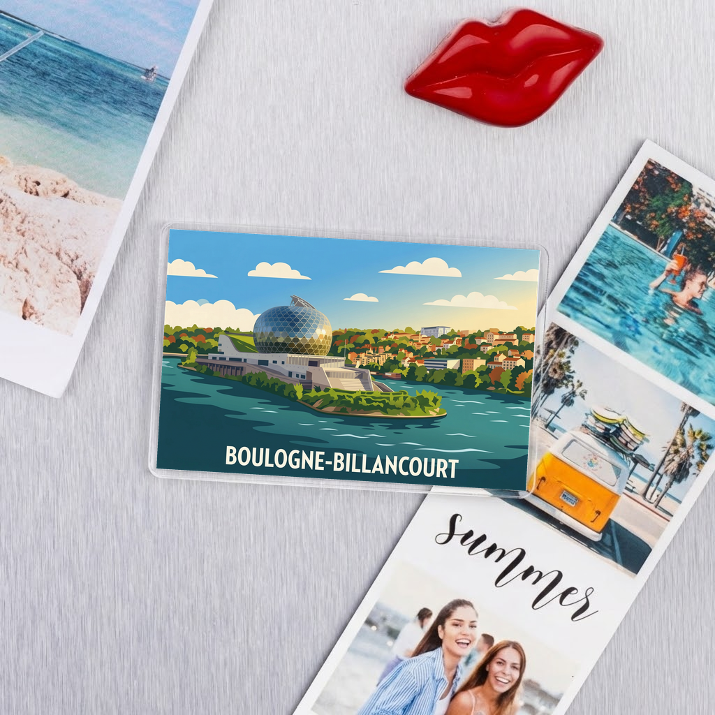 Magnet souvenir de la ville de Boulogne-Billancourt avec une illustration stylisée.