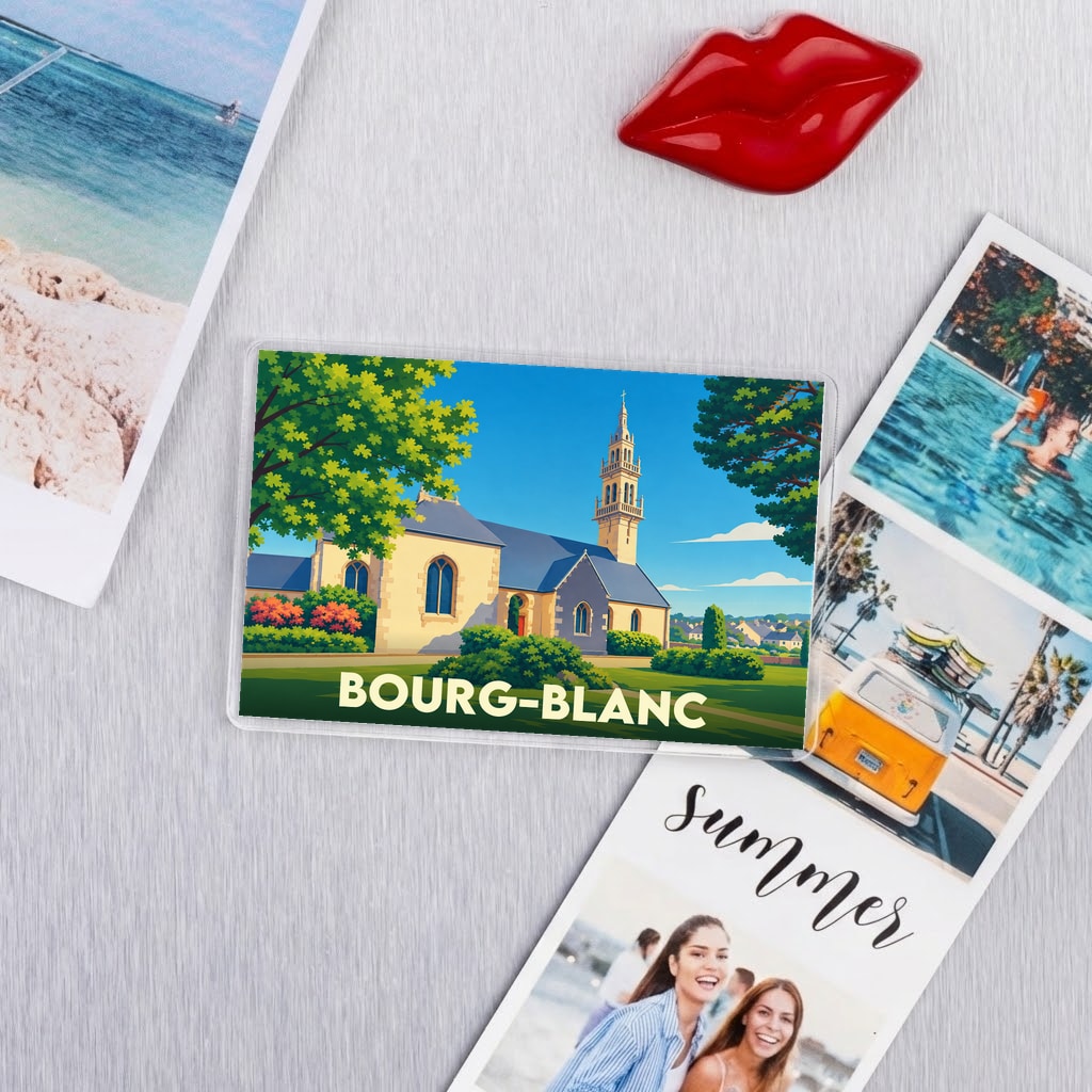 Magnet souvenir de la ville de Bourg-Blanc avec une illustration stylisée de son église.