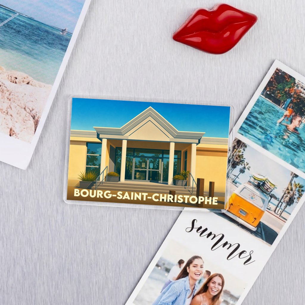 Magnet souvenir de la ville de Bourg-Saint-Christophe avec une illustration stylisée de sa mairie.