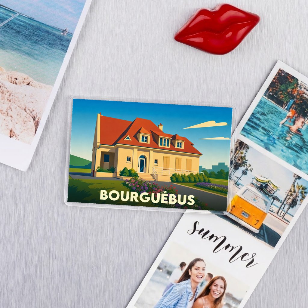 Magnet souvenir de la ville de Bourguébus avec une illustration stylisée d'une maison.