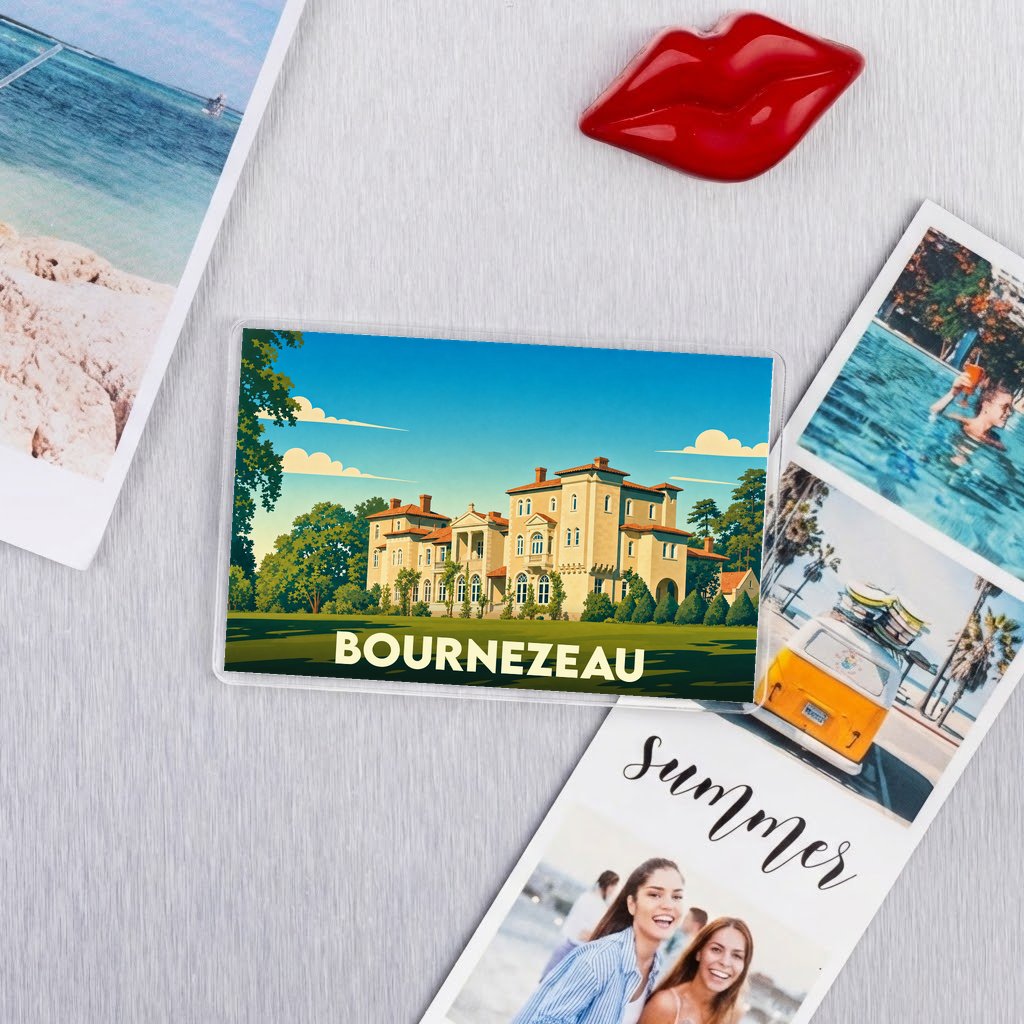 Magnet souvenir de la ville de Bournezeau avec une illustration stylisée.