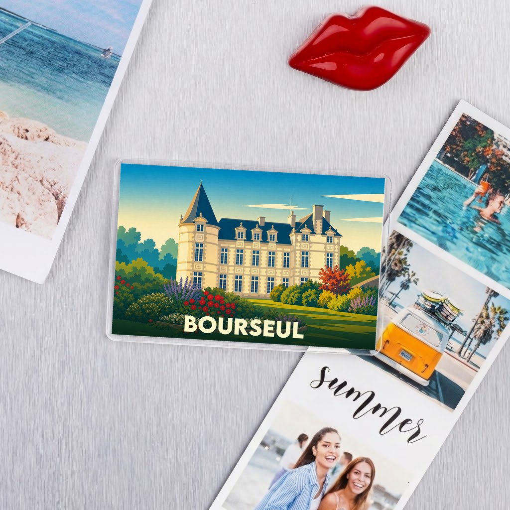 Magnet souvenir de la ville de Bourseul avec une illustration stylisée d'un château.
