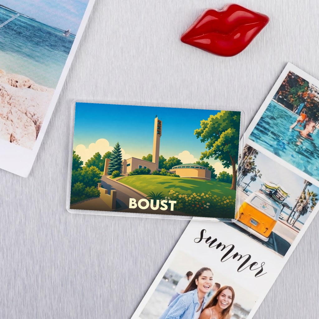 Magnet souvenir de la ville de Boust avec une illustration stylisée.