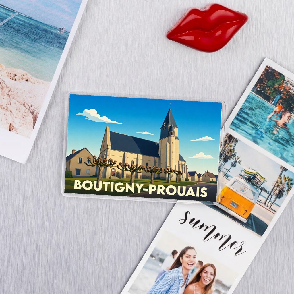 Magnet souvenir de la ville de Boutigny-Prouais avec une illustration stylisée de son église.