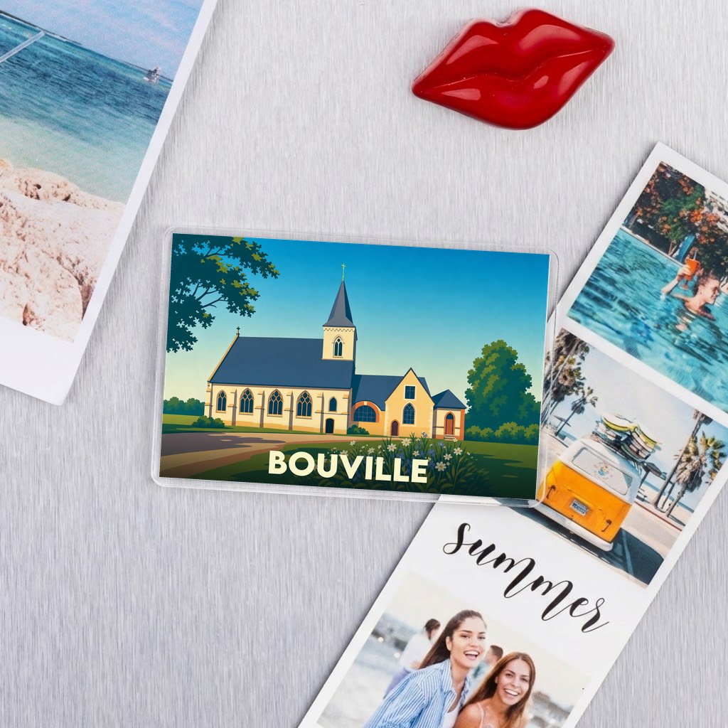 Magnet souvenir de la ville de Bouville avec une illustration stylisée d'une église.