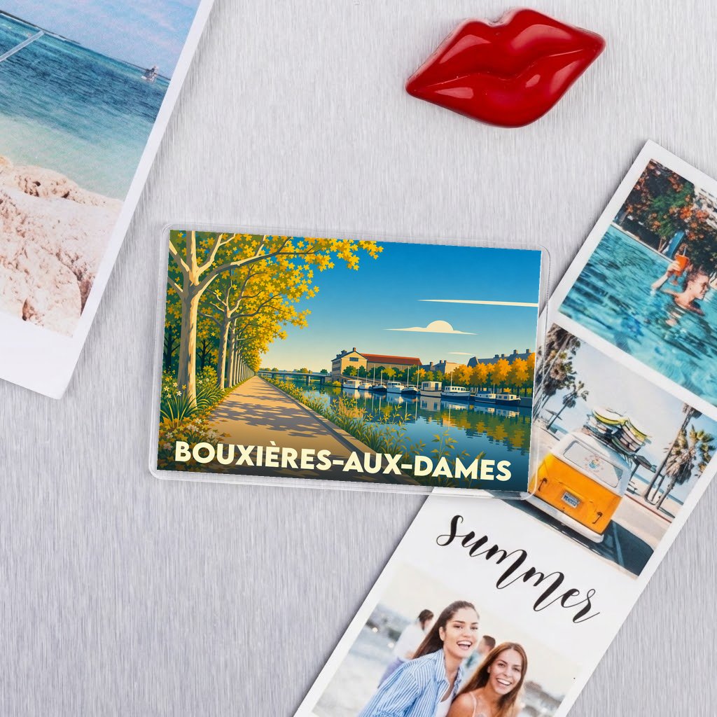 Magnet souvenir de la ville de Bouxières-aux-Dames avec une illustration stylisée d'un paysage fluvial.