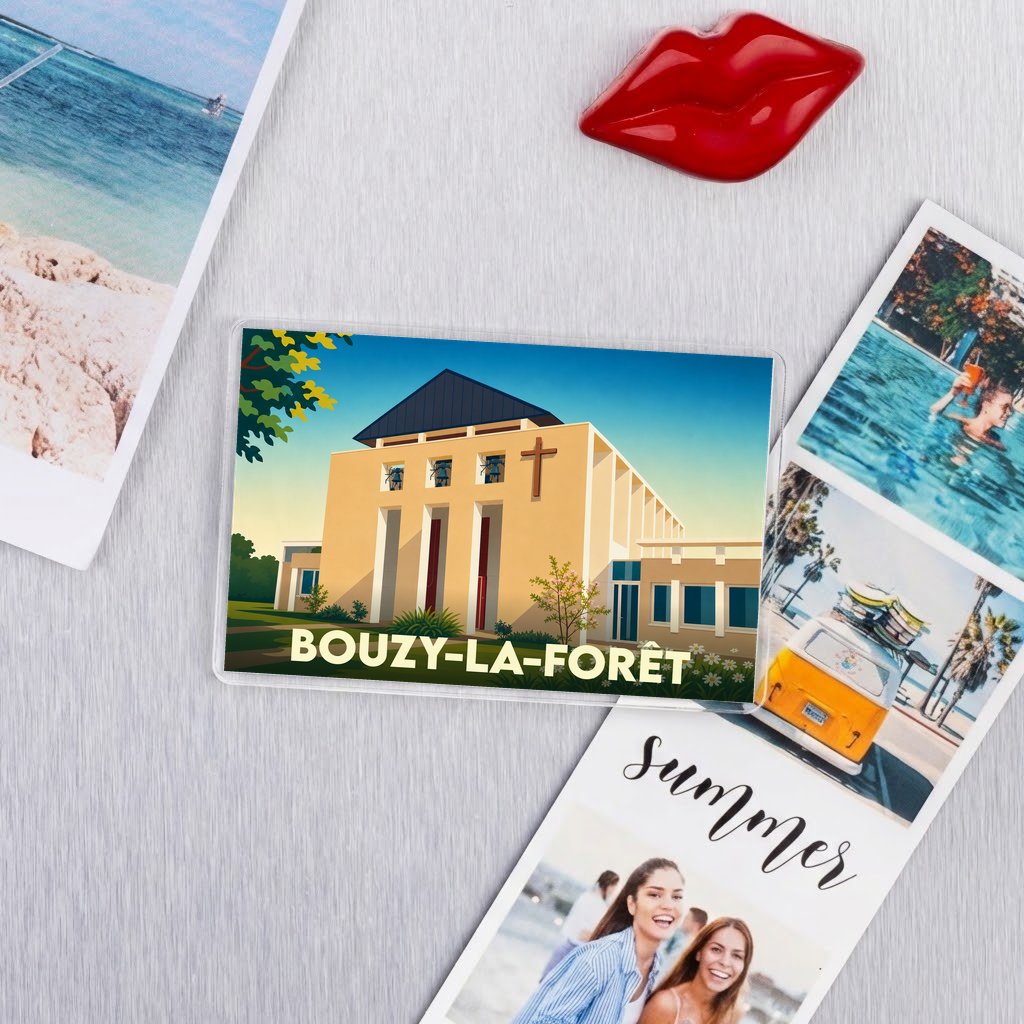 Magnet souvenir de la ville de Bouzy-la-Forêt avec une illustration stylisée de son église.