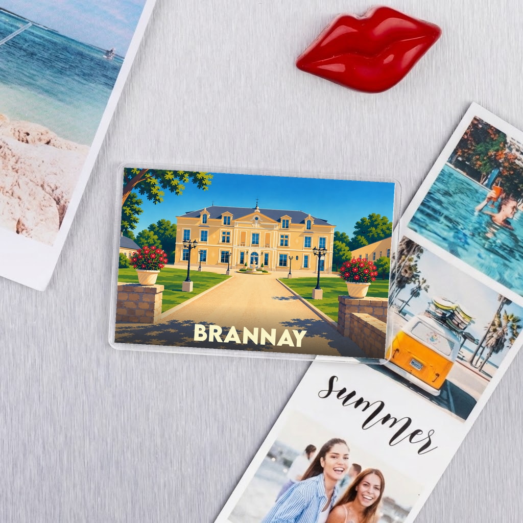 Magnet souvenir de la ville de Brannay avec une illustration stylisée d'un château.