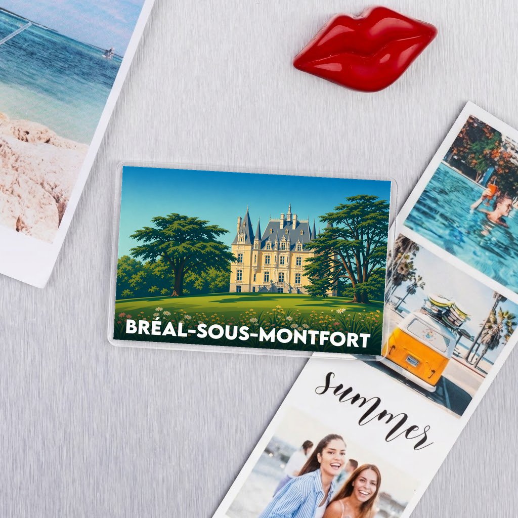Magnet souvenir de la ville de Bréal-sous-Montfort avec une illustration stylisée d'un château entouré d'arbres.