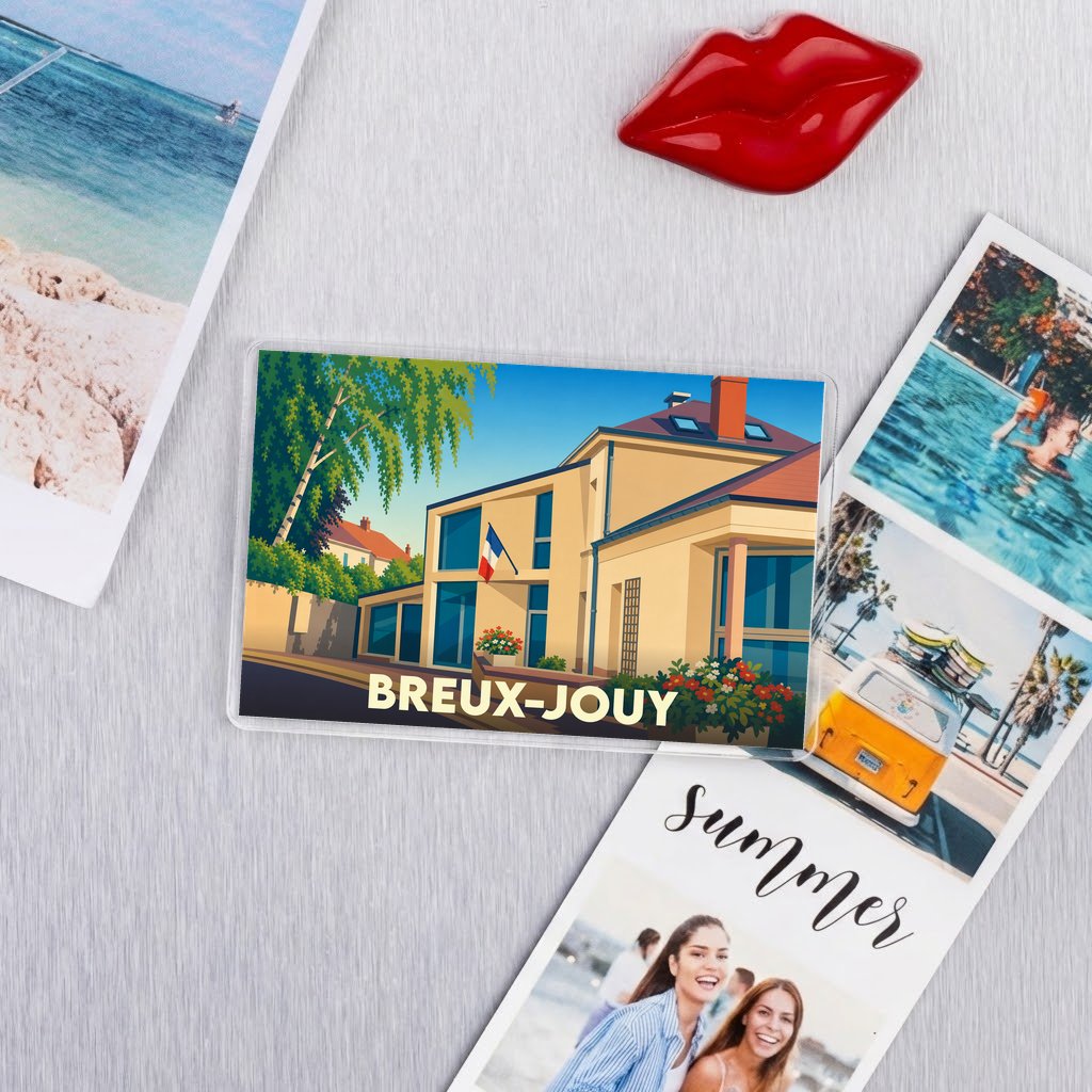 Magnet souvenir de la ville de Breux-Jouy avec une illustration stylisée.
