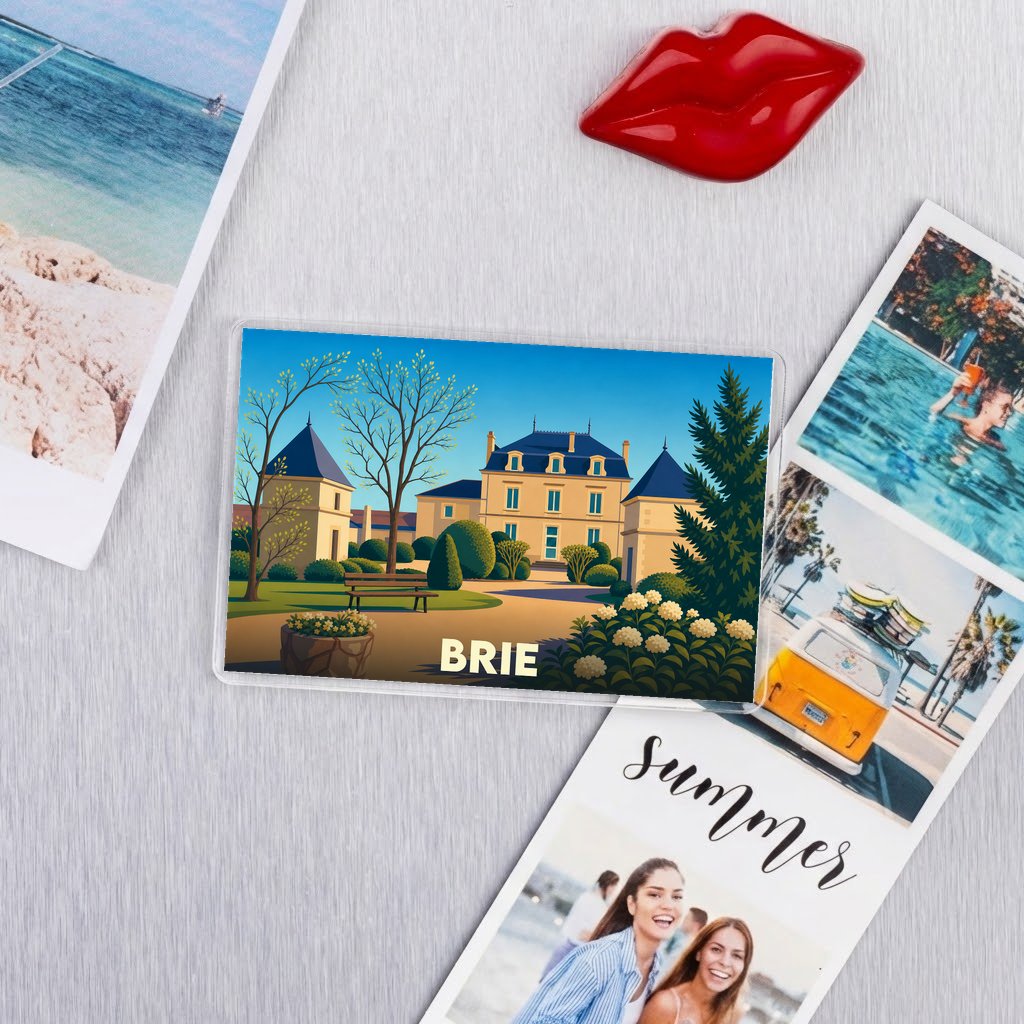 Magnet souvenir de la ville de Brie avec une illustration stylisée.