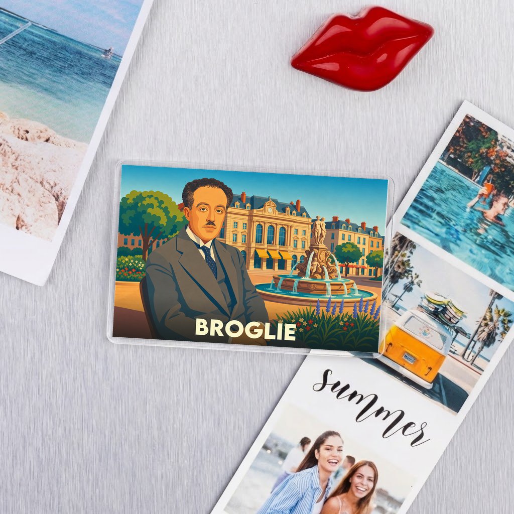 Magnet souvenir de la ville de Broglie avec une illustration stylisée d'un homme moustachu devant une fontaine.