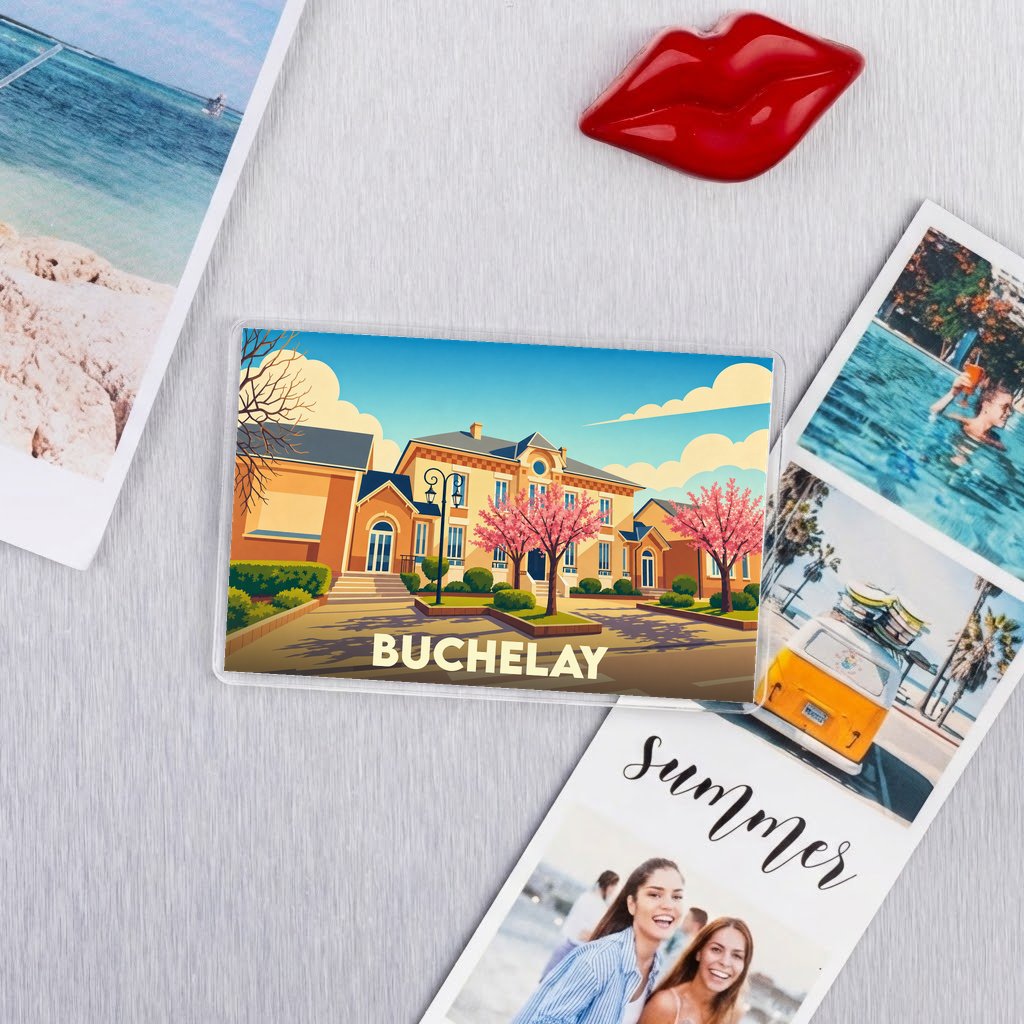Magnet souvenir de la ville de Buchelay avec une illustration stylisée de sa mairie et de cerisiers en fleurs.