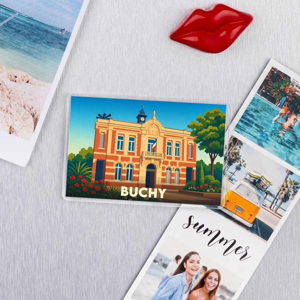 Magnet souvenir de la ville de Buchy avec une illustration stylisée de sa mairie.